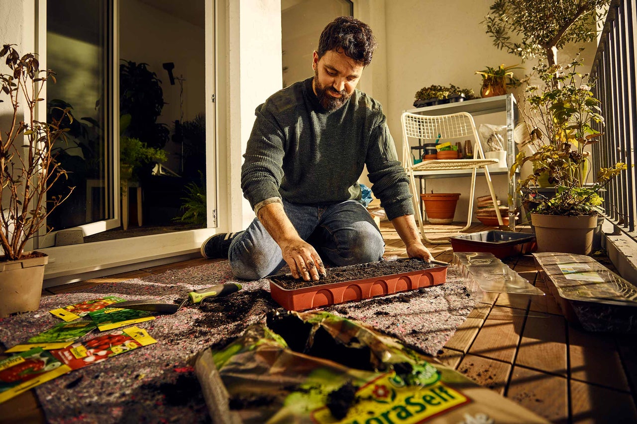 Mann befüllt Anzuchtschale mit Erde auf dem Balkon. Pflanzensamen und Blumenerde liegen bereit.