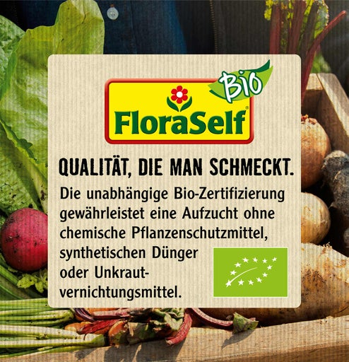FloraSelf Logo mit dem Text: Qualität, die man schmeckt. Die unabhängige Bio-Zertifizierung gewährleistet eine Aufzucht ohne chemische Pflanzenschutzmittel, synthetischen Dünger oder Unkrautvernichtungsmittel.