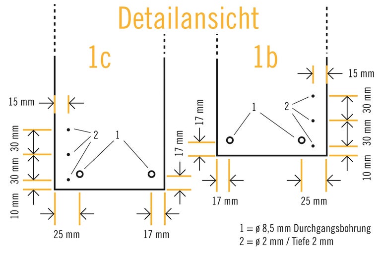 Detailansicht mit Maßangaben und Bohrlöchern