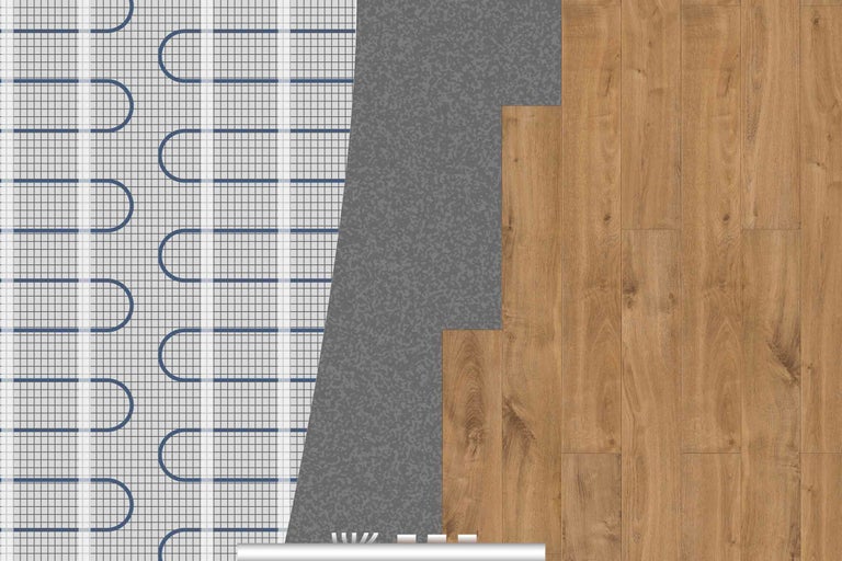 Darstellung von Fußbodenheizung, Dämmung und Laminat