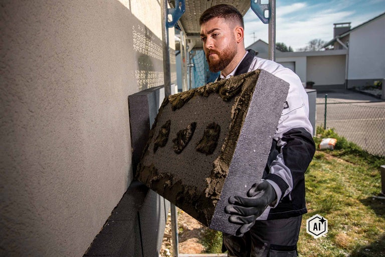 Ein Handwerker in Arbeitskleidung auf einem Gerüst bringt eine Dämmplatte mit Mörtel an einer Hauswand an. Bild ist als KI-modifiziert gekennzeichnet.