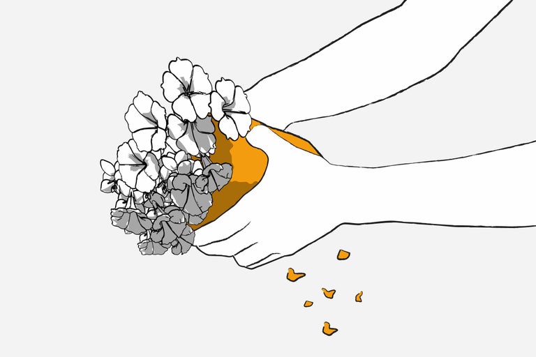 Illustration: Hände halten eine Schale mit Blumen