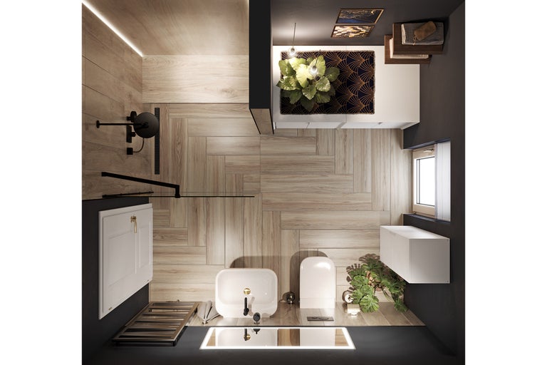 Ansicht von oben eines Badezimmers mit Dusche, Toilette, Waschbecken und Holzfußboden