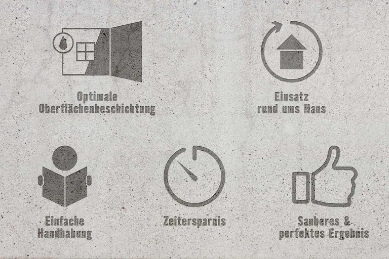 Symbole für optimale Oberflächenbeschichtung, Einsatz rund ums Haus, einfache Handhabung, Zeitersparnis sowie sauberes und perfektes Ergebnis