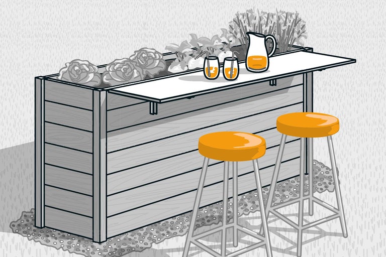Illustration eines Hochbeetes mit angebauter schmalen Tischplatte, davor zwei Barhocker