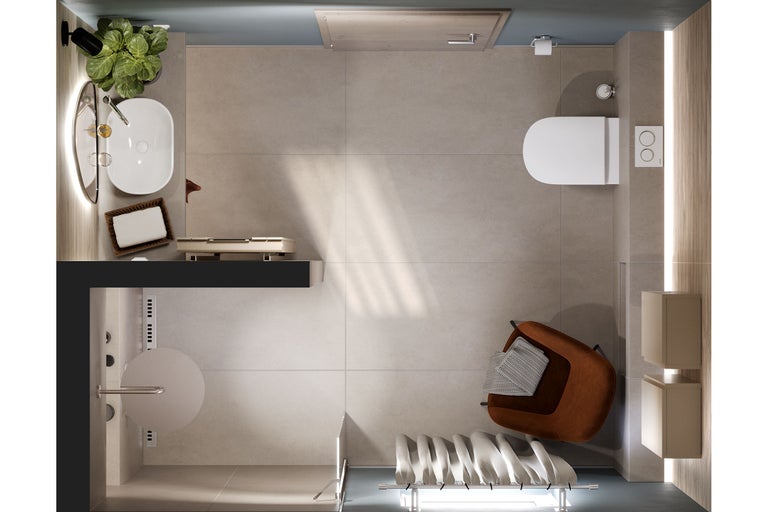 Draufsicht eines modernen Badezimmers mit Waschbecken, Toilette, Dusche und Sitzgelegenheit