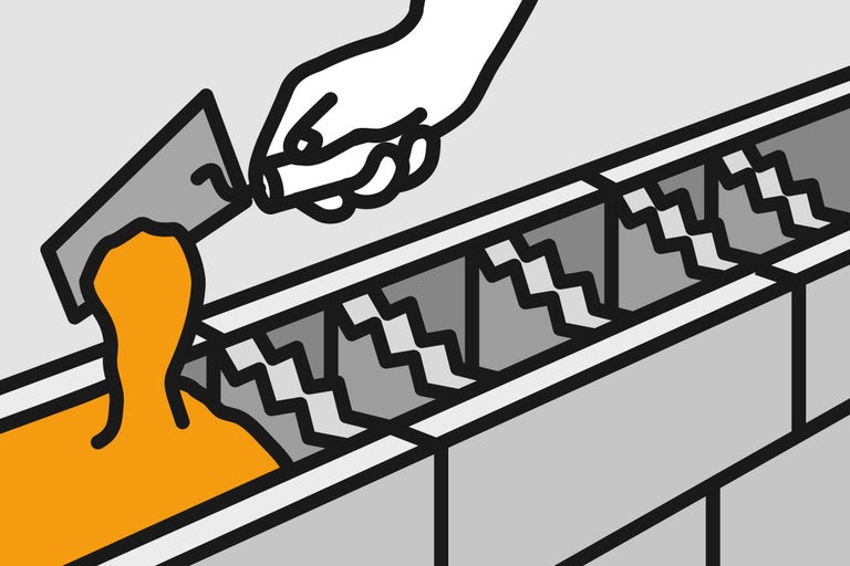 Illustration einer Person, die eine Dachrinne mit einem Spachtel abdichtet.