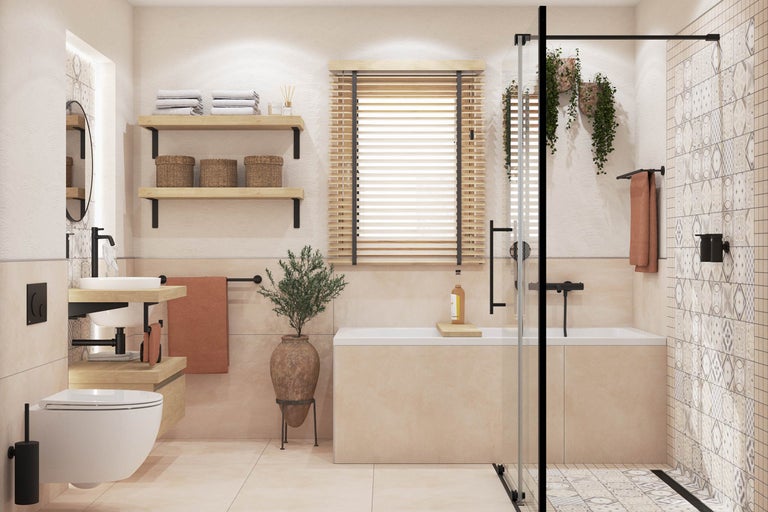 Helles Badezimmer mit Badewanne, Dusche, Waschtisch, Toilette und Regalen