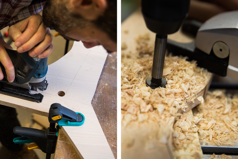 Holzbearbeitung mit Stichsäge und Bohrmaschine an einem Werkstück