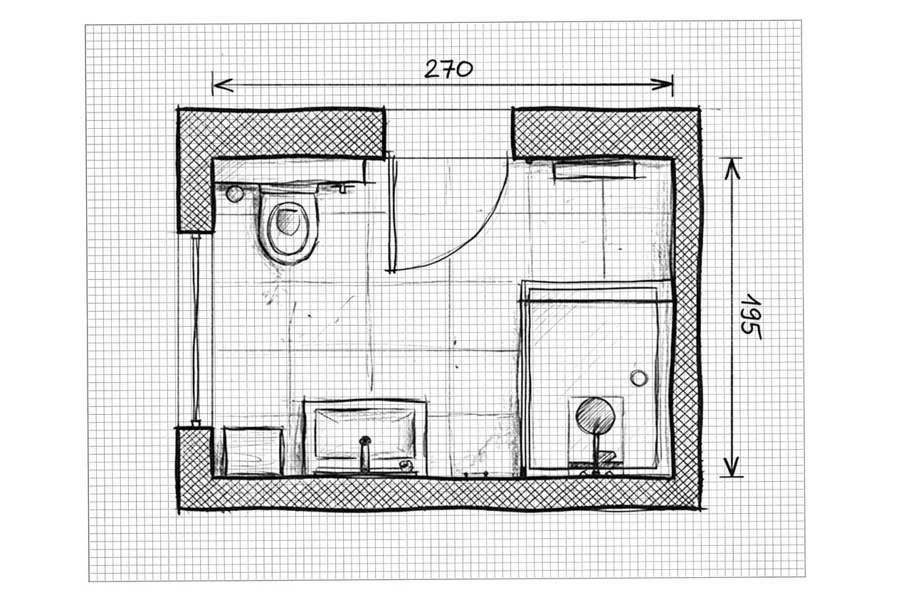 Draufsicht eines Badezimmergrundrisses mit Maßen