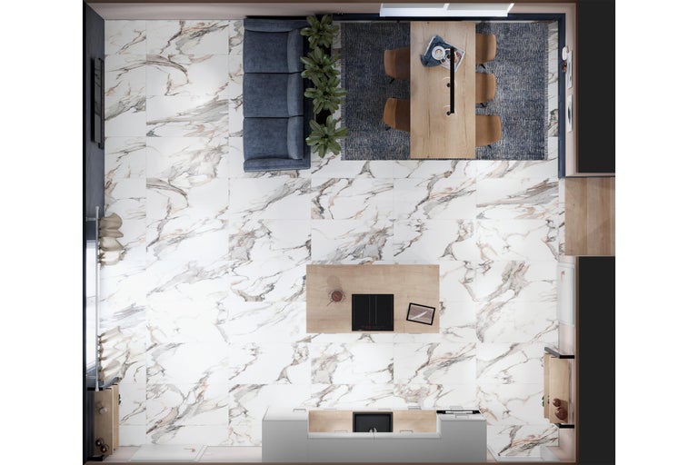 Draufsicht eines Raumes mit Fliesenboden in Marmoroptik, Sofa, Esstisch und Kücheninsel