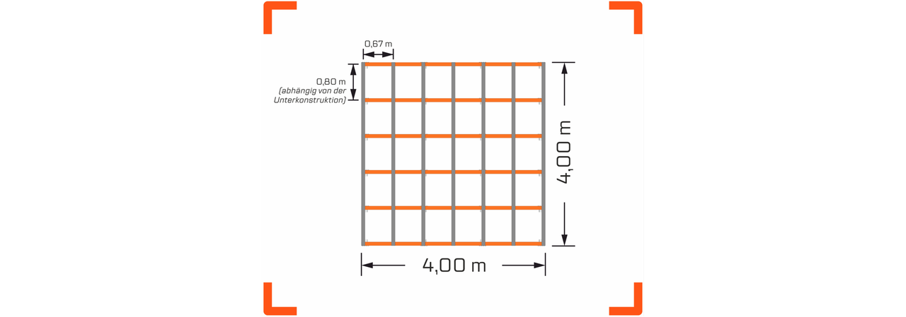 Technische Zeichnung eines 4,00 Meter mal 4,00 Meter Unterkonstruktion mit einer Breite von 0,67 Meter.