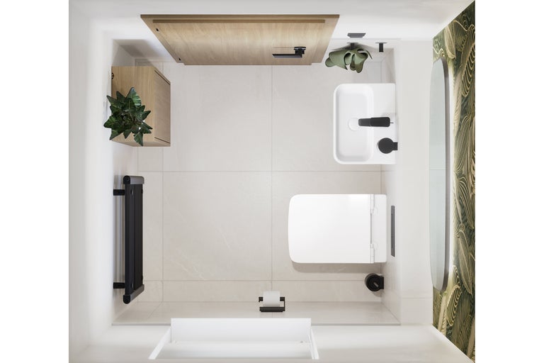 Vogelperspektive eines Badezimmers mit Toilette, Waschbecken, Heizkörper, Spiegel und Badezimmerschränken