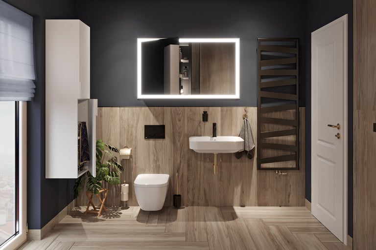 Modernes Badezimmer mit Waschtisch, Spiegel mit Beleuchtung, Handtuchheizkörper und passenden Möbeln.