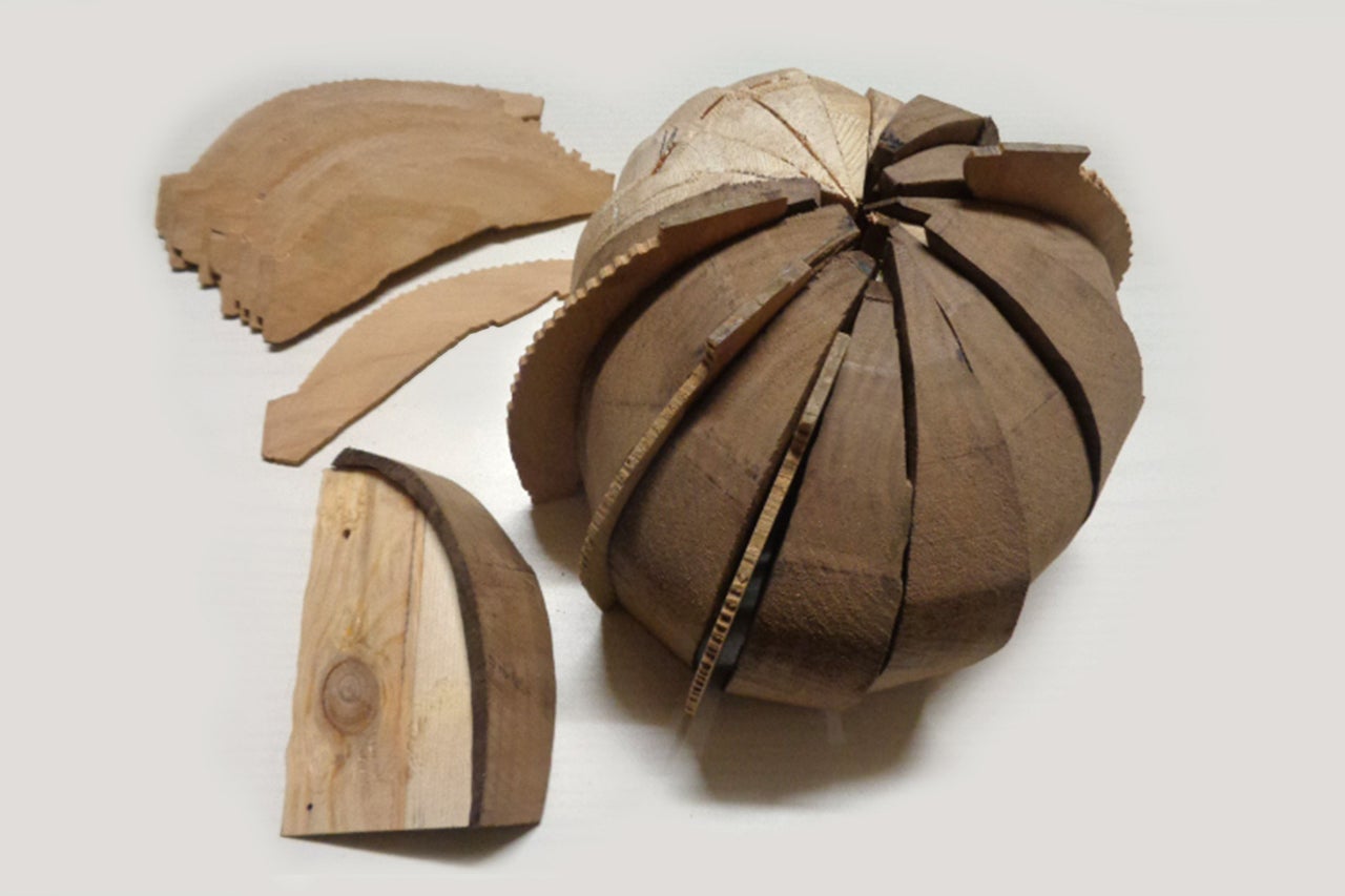 Holzkugel aus einzelnen Segmenten und Holzstücke