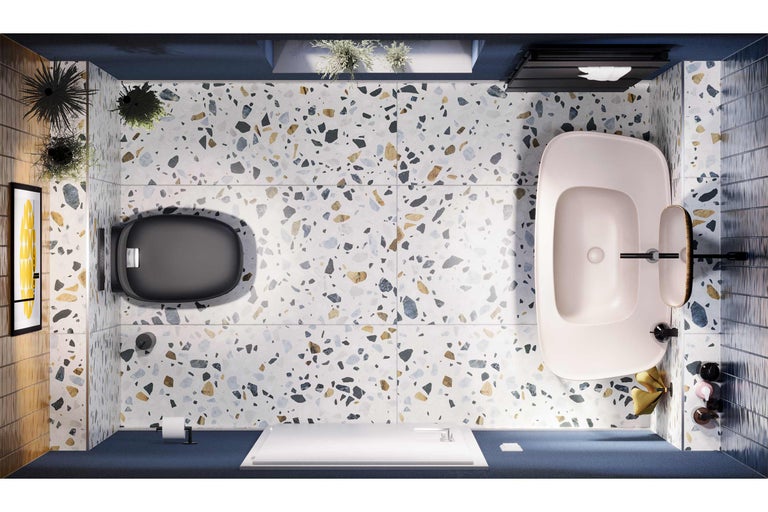 Badezimmer mit Toilette, Badewanne und Terrazzoboden aus der Vogelperspektive