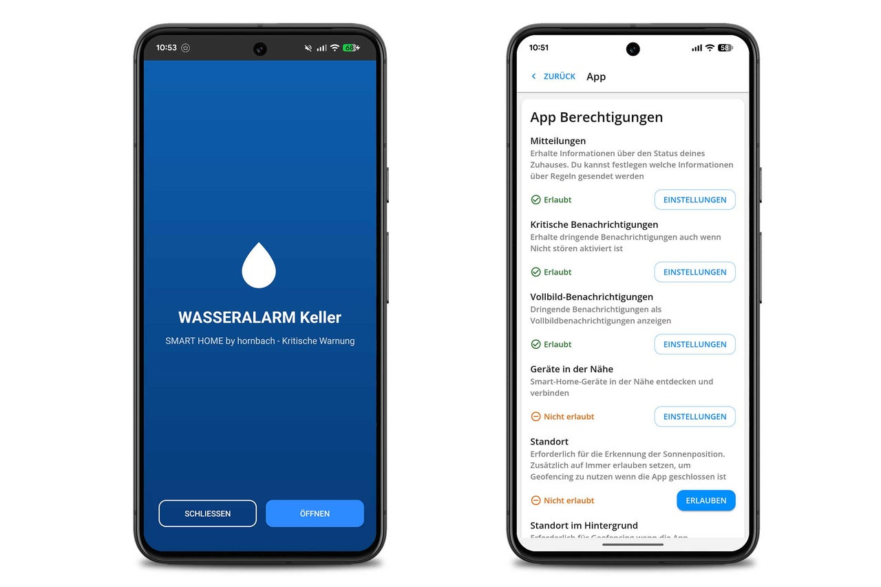 Zwei Smartphones mit der SMART HOME by hornbach App, die eine Wasseralarm-Meldung und das Menü für App-Berechtigungen anzeigen.