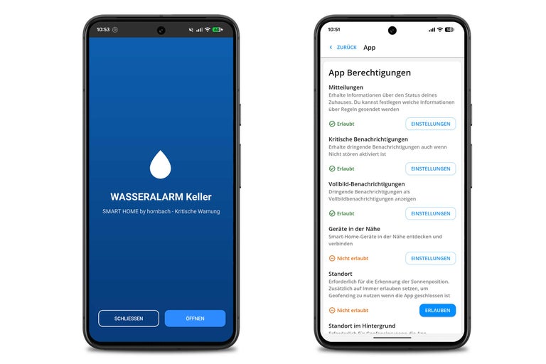 Zwei Smartphones mit der SMART HOME by hornbach App, die eine Wasseralarm-Meldung und das Menü für App-Berechtigungen anzeigen.