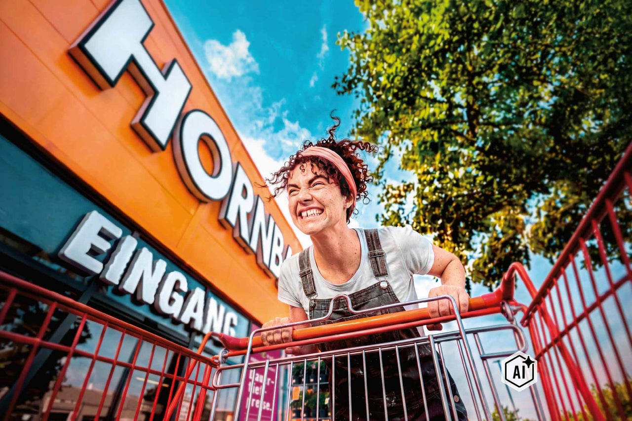 Eine Frau schiebt freudig einem Einkaufswagen vor dem Eingang eines Hornbach Marktes. Bild ist als KI-modifiziert gekennzeichnet.