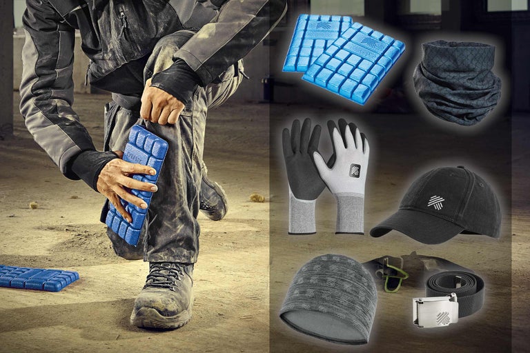 Arbeitsszene mit Knieschoner, Mütze, Handschuhen, Gürtel und Halstuch