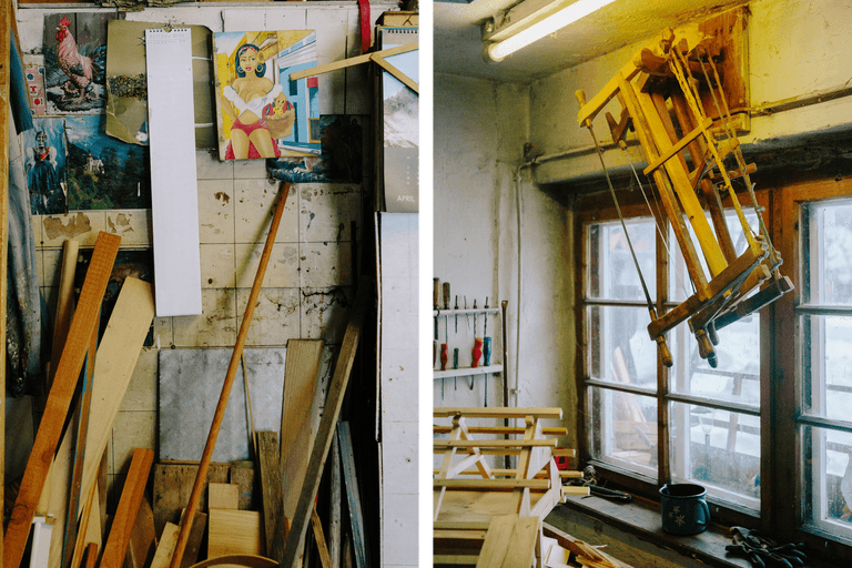 Werkstatt mit Holzmaterialien, Werkzeugen und Dekorationen