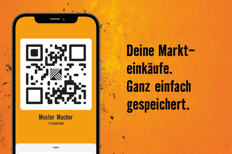 Smartphone mit QR-Code, daneben der Text „Deine Markteinkäufe. Ganz einfach gespeichert.“