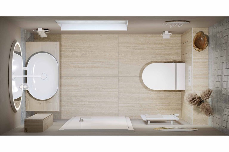 Badezimmer mit Waschbecken, Toilette und Dusche aus der Vogelperspektive