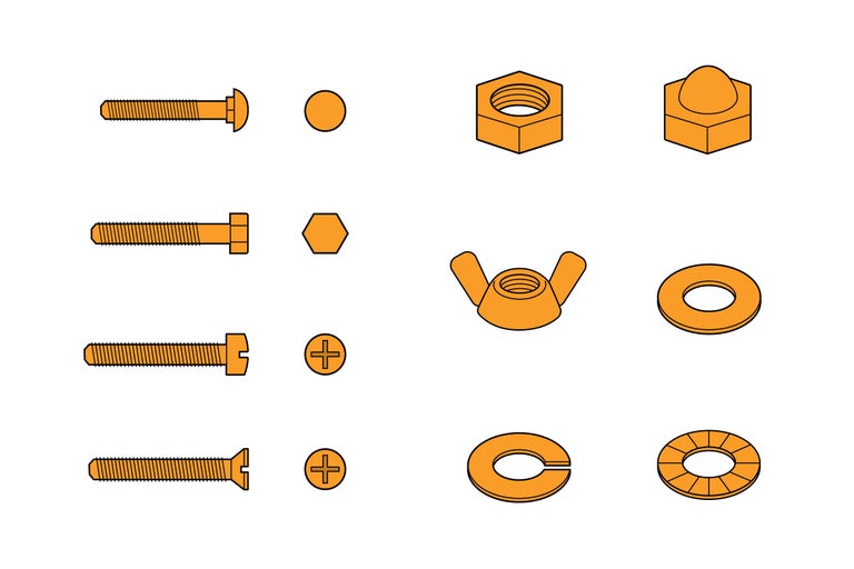 Sortiment verschiedener Schrauben, Muttern und Unterlegscheiben