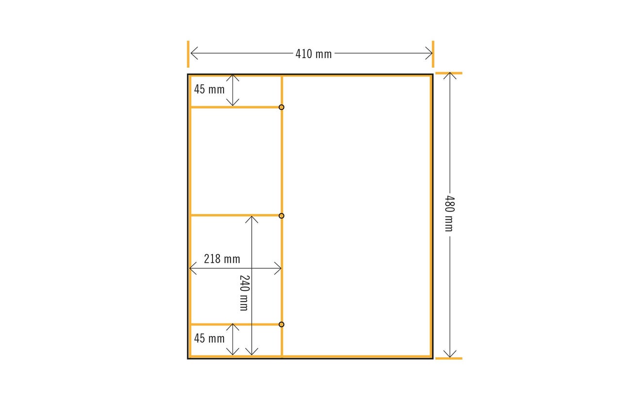 Technische Zeichnung eines Regals mit den Maßen 410 mm Breite und 480 mm Höhe.