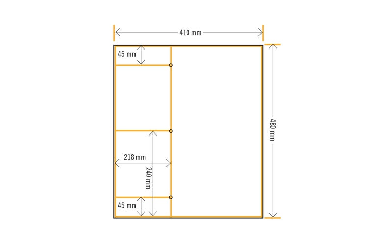 Technische Zeichnung eines Regals mit den Maßen 410 mm Breite und 480 mm Höhe.