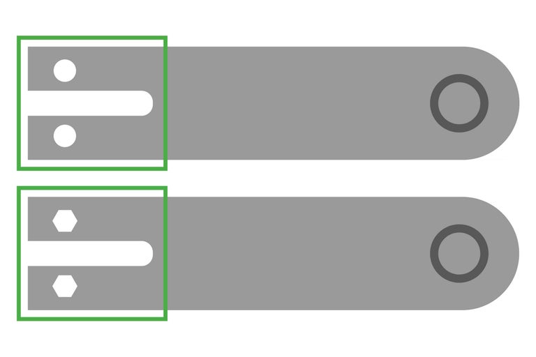 Zwei Befestigungslaschen mit Bohrungen für Schrauben