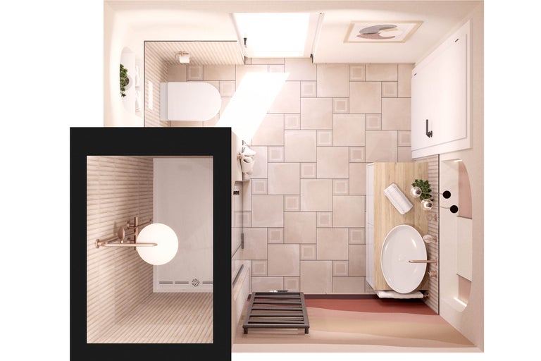 Ansicht eines Badezimmers mit Toilette, Waschbecken, Dusche und Heizkörper