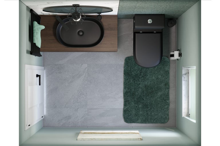 Draufsicht eines Badezimmers mit Waschbecken, Toilette, Heizkörper und grauen Fliesen