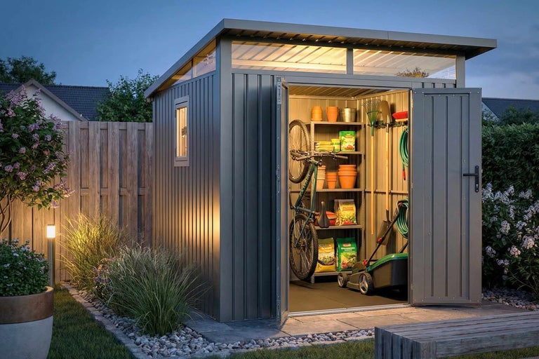 Modernes Metall-Gerätehaus im Garten bei Dämmerung, beleuchteter Innenraum mit Fahrrad, Rasenmäher und Gartenwerkzeugen.