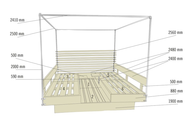 Zeichnung einer Gartenlounge mit Maßen.