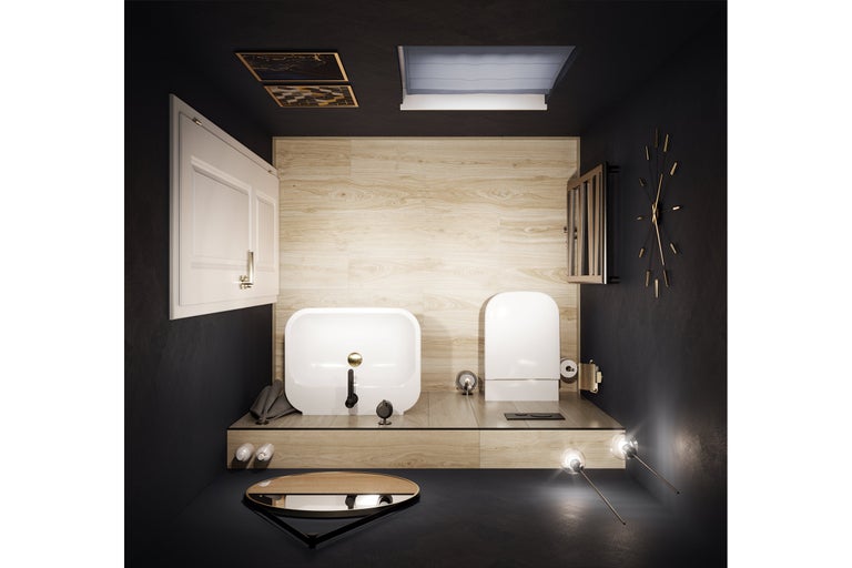 Modernes Badezimmer mit Waschbecken, Toilette, Spiegel und Wanduhr auf einem Podest in Holzoptik vor dunklen Wänden.