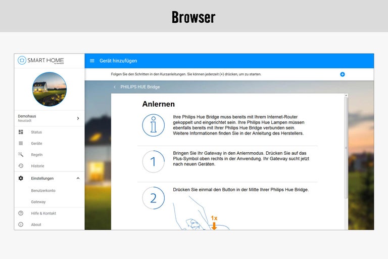 Screenshot eines Browsers mit der Smart Home Anwendung zur Einrichtung einer Philips Hue Bridge