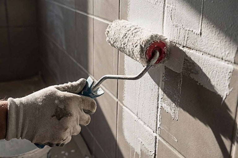 Eine Person streicht Fliesen mit einer Farbwalze.