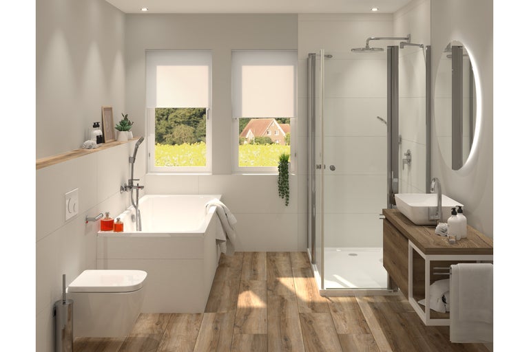 Modernes Badezimmer mit weißer Badewanne, begehbarer Dusche, wandhängendem WC und Waschtisch auf Holzunterschrank sowie Fliesen in Holzoptik.