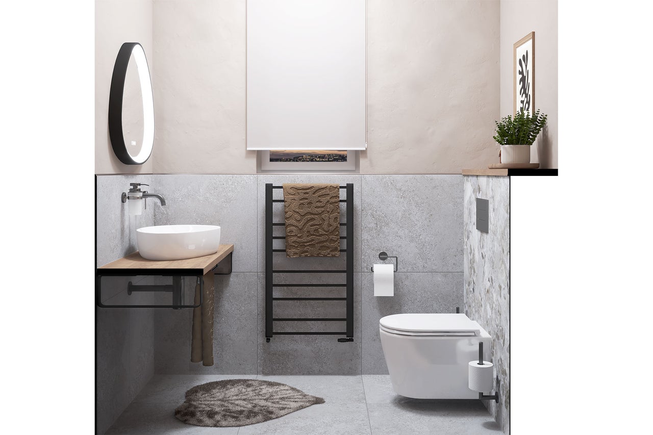 Modernes Badezimmer mit Aufsatzwaschbecken auf Holztisch, Wand-WC, schwarzem Handtuchheizkörper und ovalem LED-Spiegel. Hell und strukturiert.