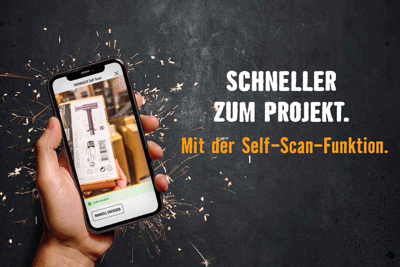 Smartphone mit Barcode, daneben der Text „Schneller zum Projekt. Mit der Self-Scan-Funktion.“