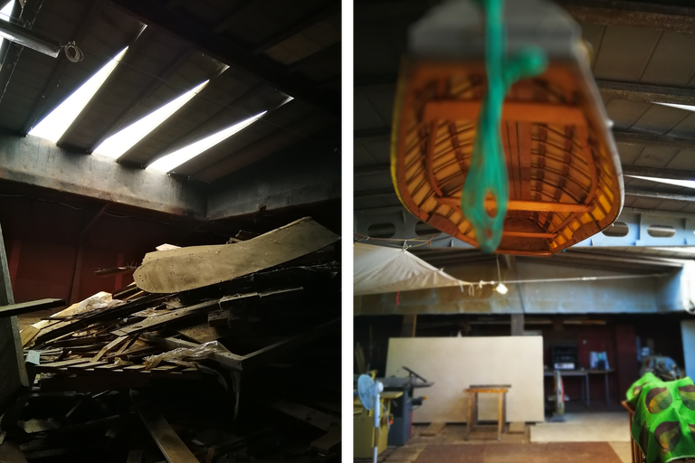 Werkstatt mit Holzresten und hängendem Bootsrumpf