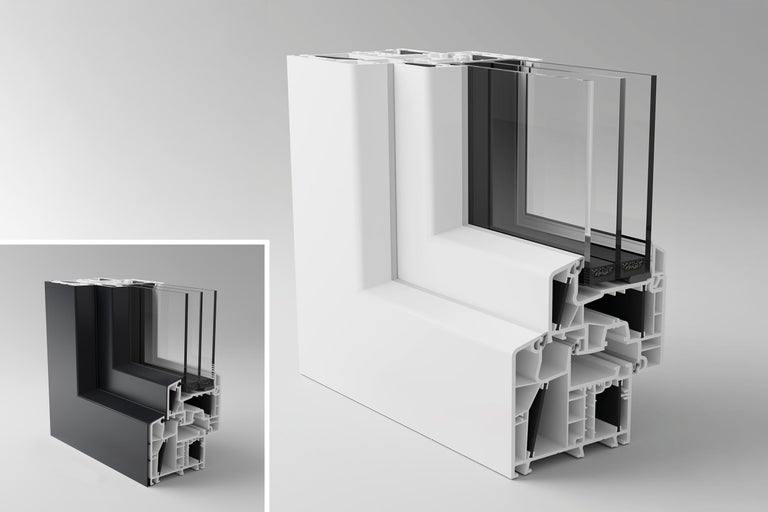 Schnittansicht eines weißen Kunststofffensterrahmens mit Dreifachverglasung