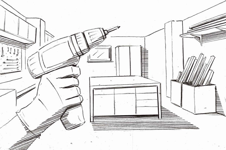 Skizze einer Hand, die einen Akkuschrauber in einer Werkstatt hält