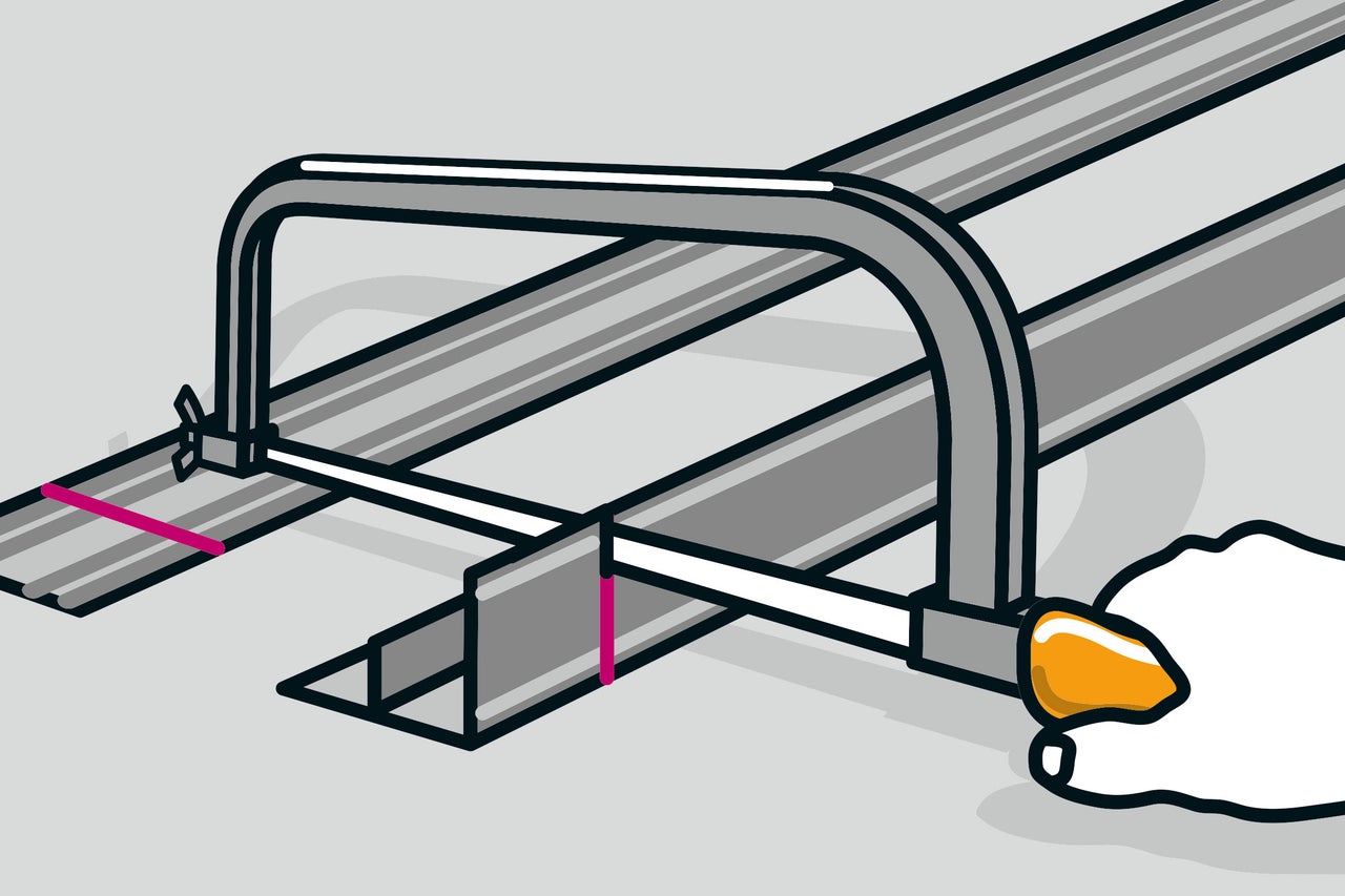 Illustration einer Metallsäge beim Zuschneiden eines Metallprofils