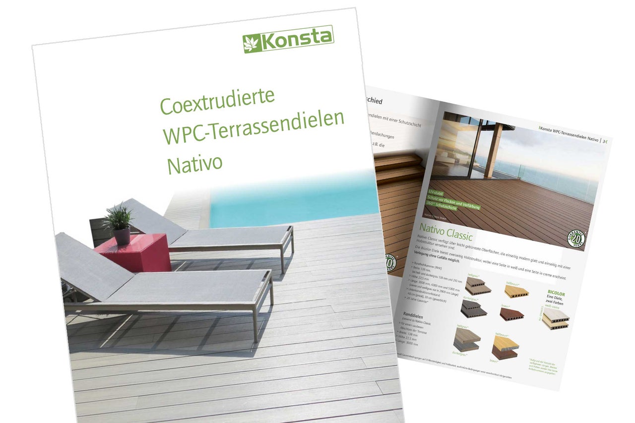 Prospekt mit Konsta Logo für coextrudierte WPC-Terrassendielen Nativo, Anwendungsbeispiel, Farbmustern und Hinweis auf 20 Jahre Garantie.