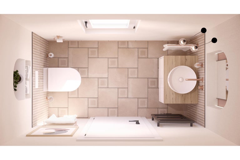 Vogelperspektive eines Badezimmers mit Toilette, Waschtisch, Dusche und Deko-Elementen