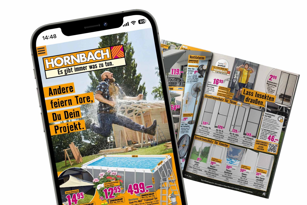 Smartphone zeigt die Hornbach App mit Angeboten für Sommerprojekte wie Pools, Ventilatoren und Insektenschutz.