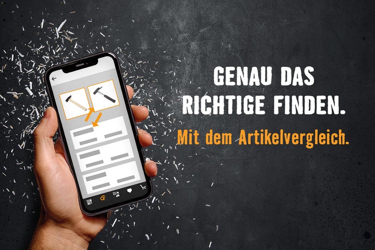 Smartphone mit Artikelvergleich in der HORNBACH App, daneben der Text „Genau das richtige finden. Mit dem Artikelvergleich.“