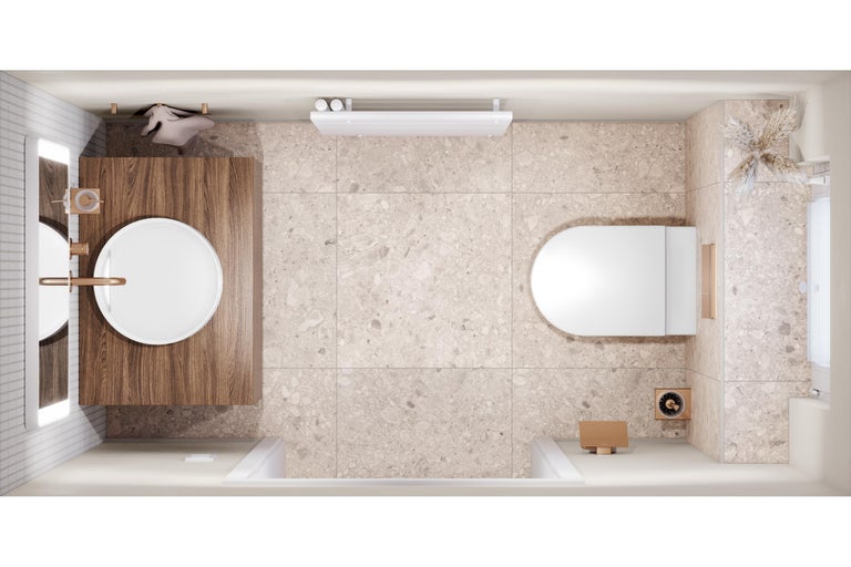 Badezimmer in der Draufsicht mit Holzwaschtisch, weißem Aufsatzwaschbecken, Wand-WC, bronzefarbenen Armaturen und Fliesen in Natursteinoptik.